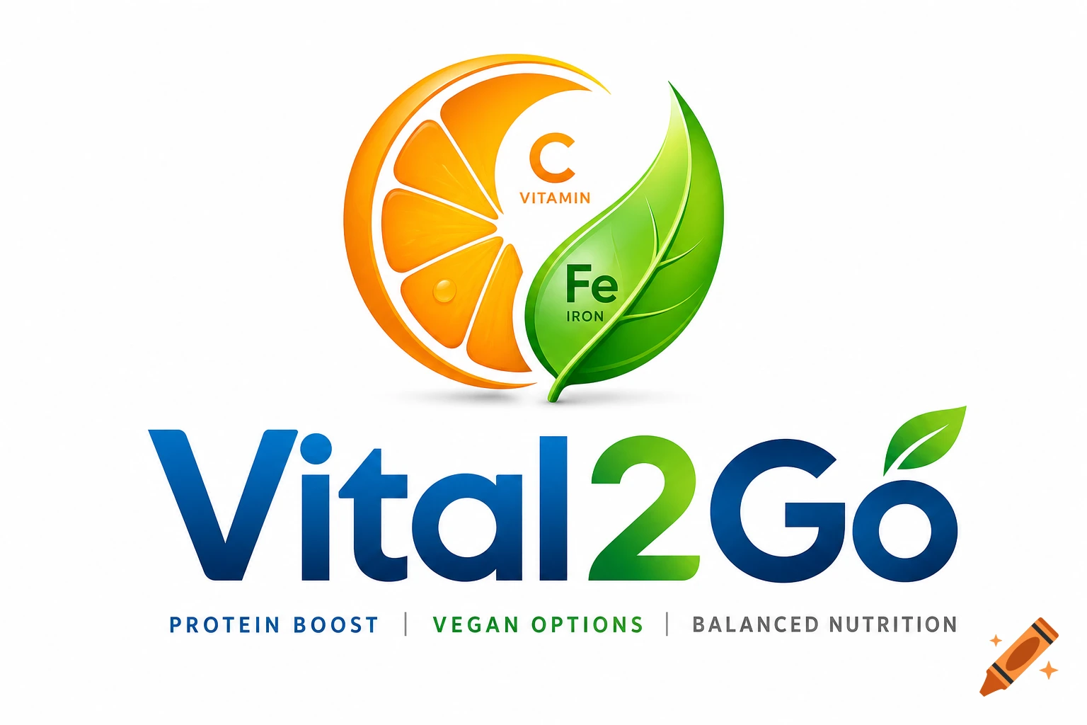 A bright logo for Vital2Go with an orange slice and green leaf symbolizing Vitamin C and Iron, above text about protein, vegan options, and nutrition.