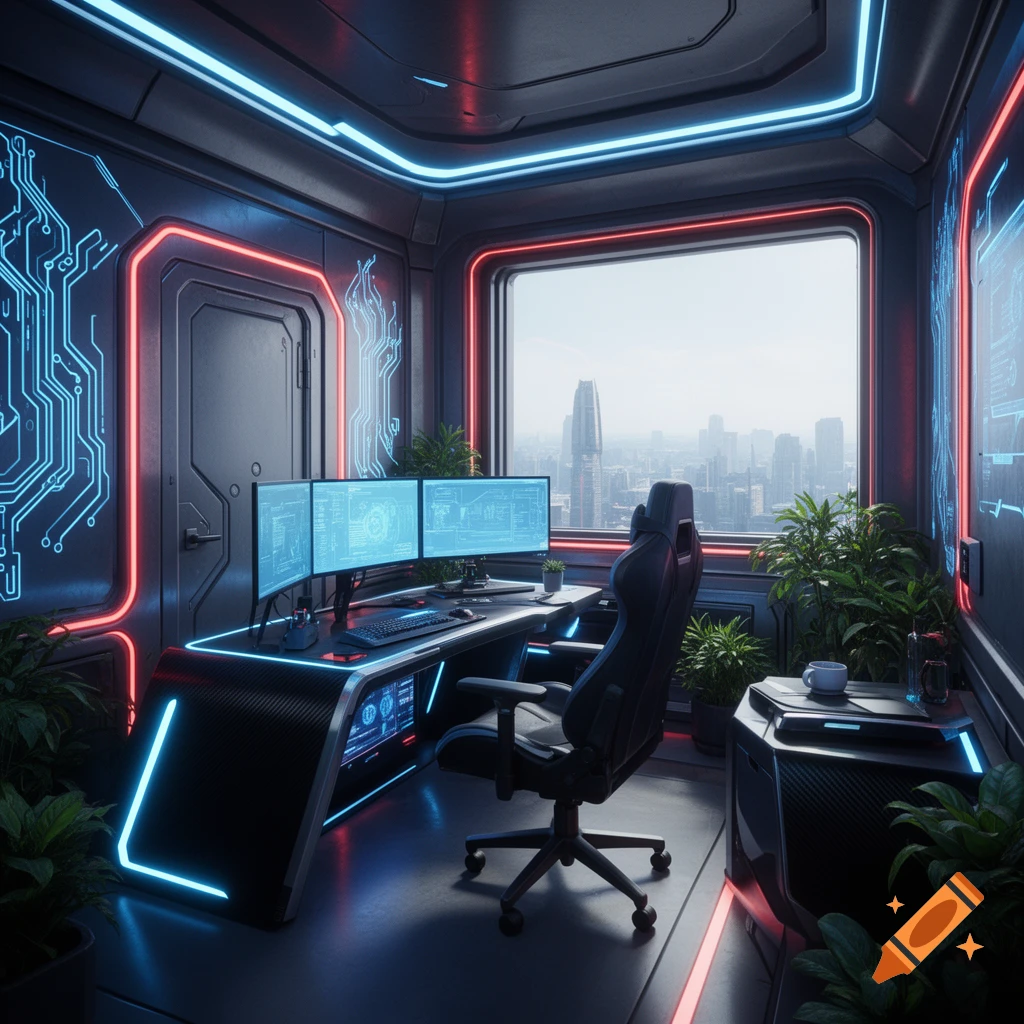 Futuristic gaming office room with blue and red neon lights, multiple monitors, a gaming chair, plants, and a window overlooking a city skyline.