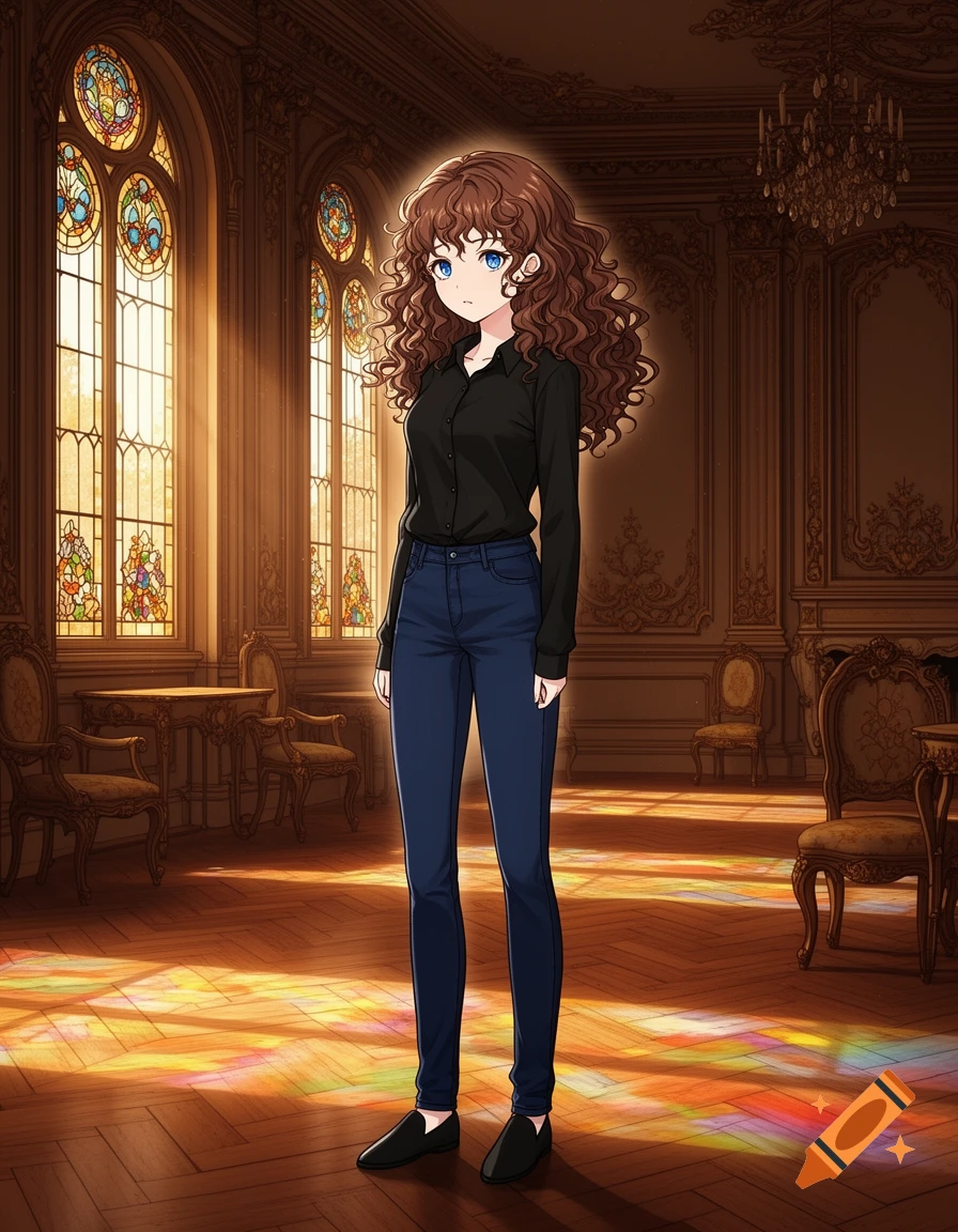 Anime girl with curly brown hair, blue eyes, in a black shirt and jeans, stands in a grand manor with stained glass windows.