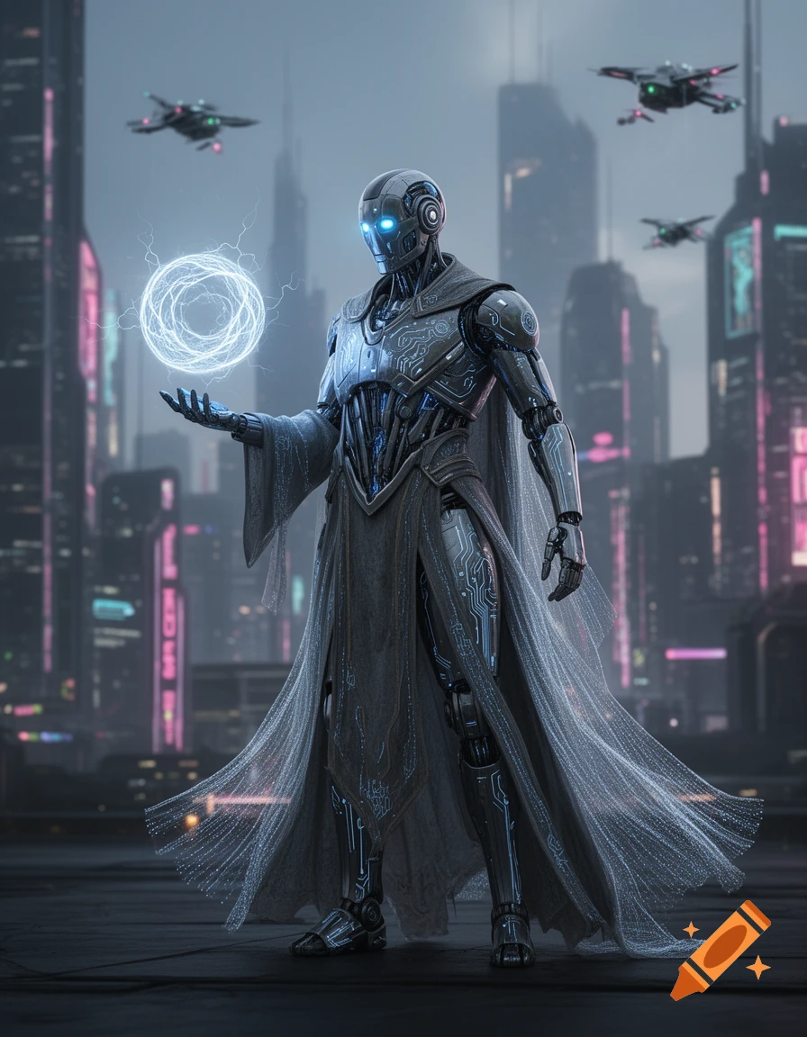 A futuristic robot mage wearing a flowing cloak stands in a neon-lit city, holding a glowing magical orb with lightning.