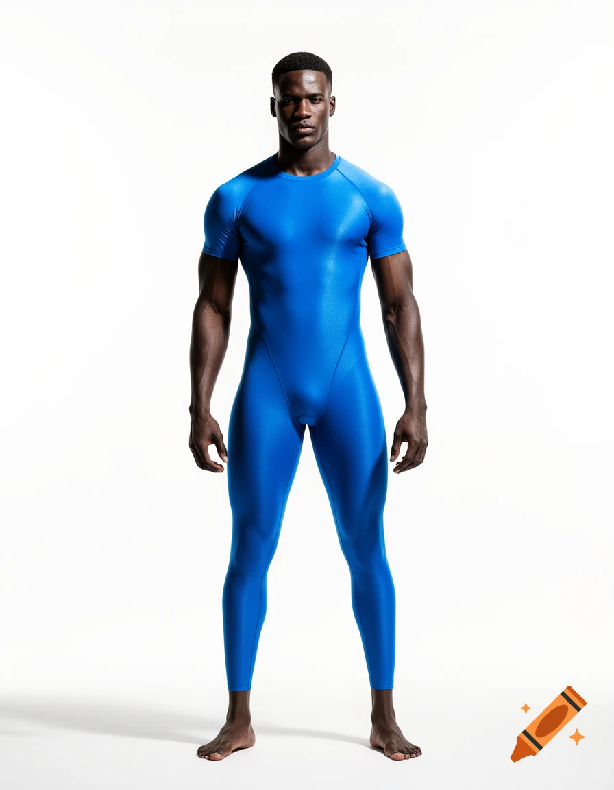Photorealistic full-body portrait of a Black male model in a tight blue athletic bodysuit on a white background.
