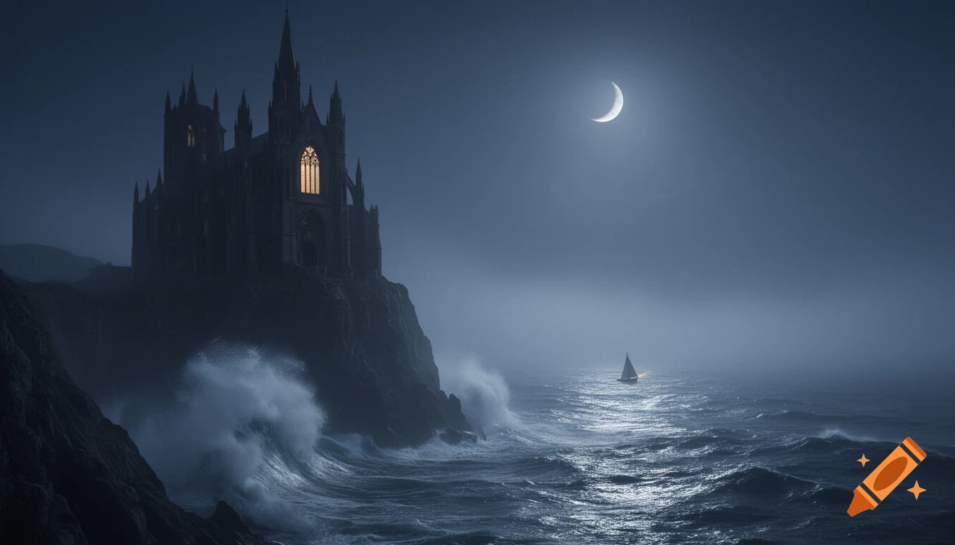 Photorealistic gothic castle on a dark cliff with crashing ocean waves under a crescent moon, a tiny sailboat in the misty sea.