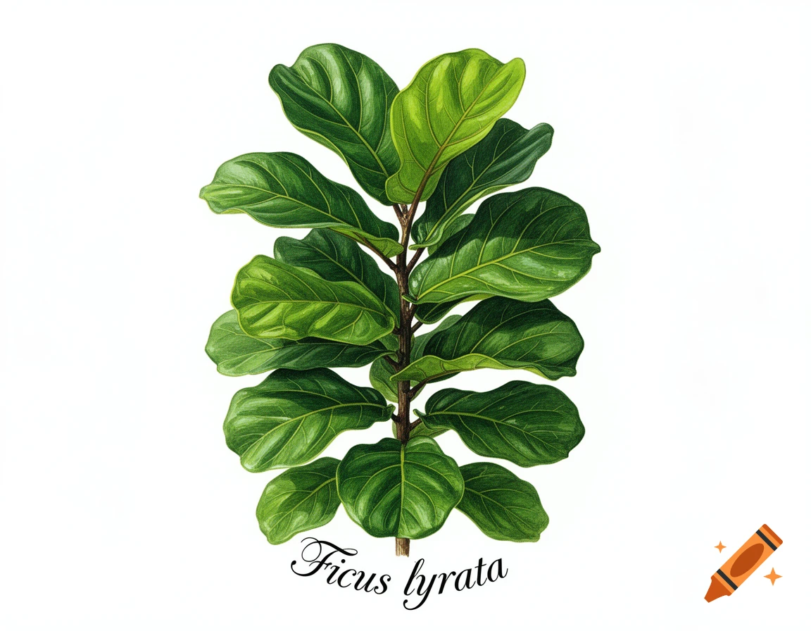 A detailed botanical illustration of a fiddle leaf fig plant with lush green leaves and the scientific name 'Ficus lyrata' at the bottom.