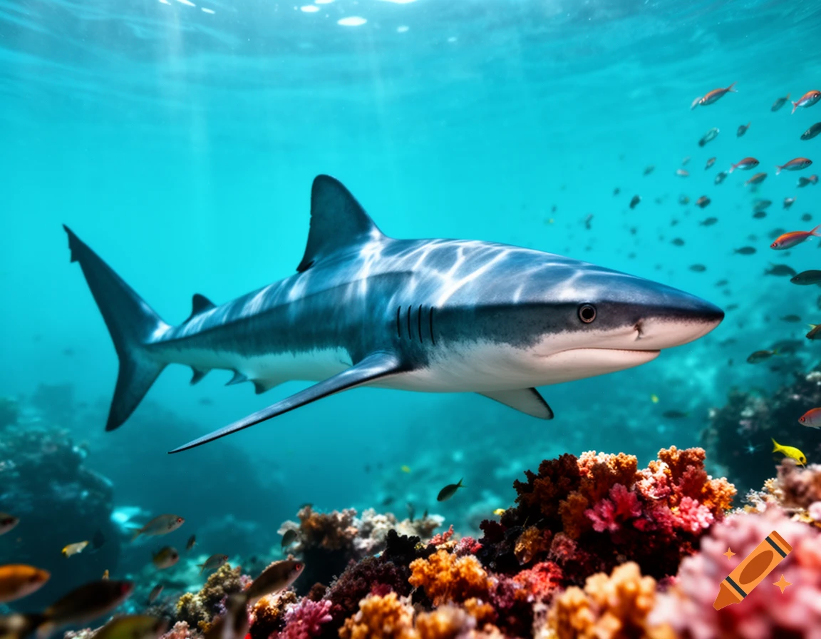 Photorealistic shark swimming in clear blue ocean water above a colorful coral reef with small fish.