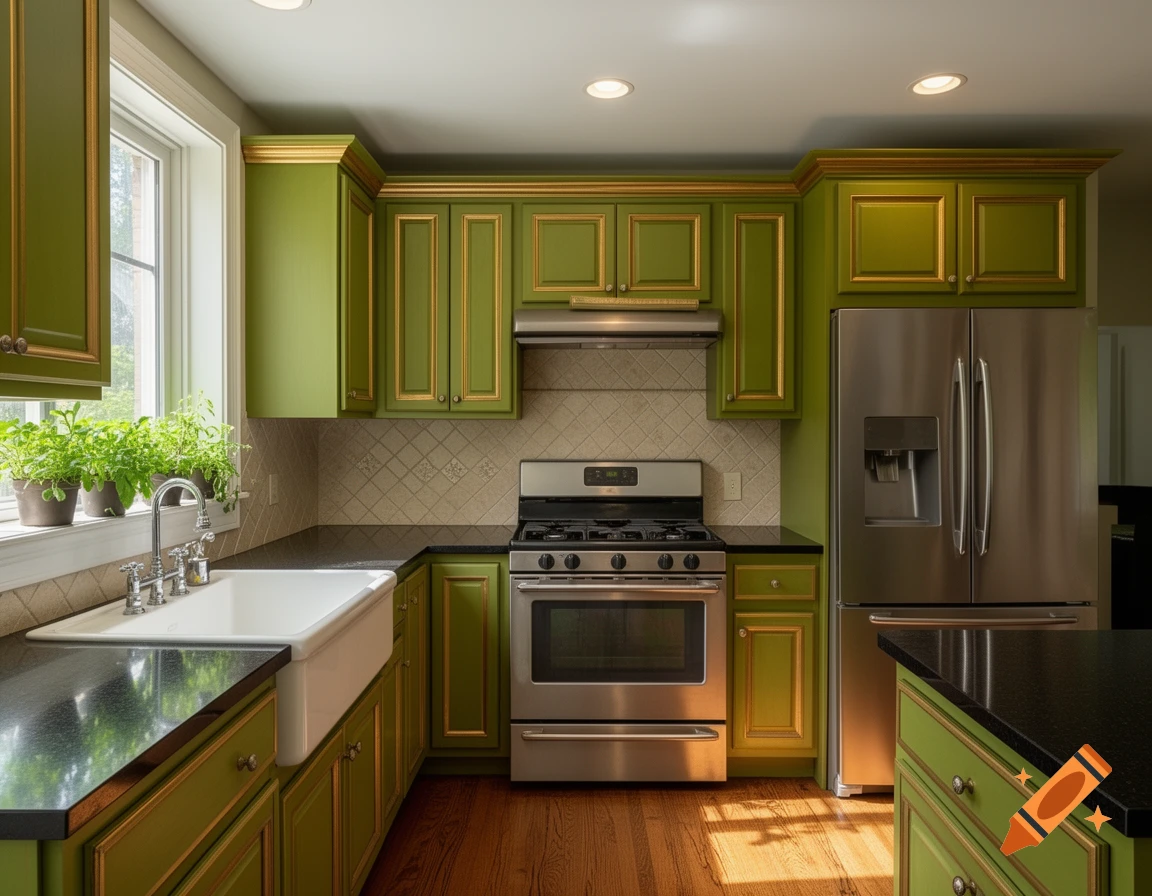 A modern kitchen with avocado green cabinets featuring gold trim, stainless steel appliances, and a white farmhouse sink.