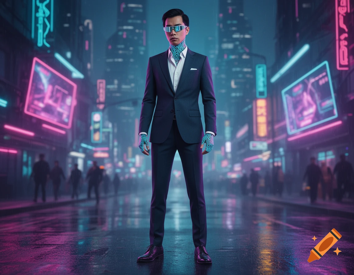 An Asian man in a dark suit with glowing neon tattoos and glasses stands in a rainy cyberpunk city street filled with neon lights.