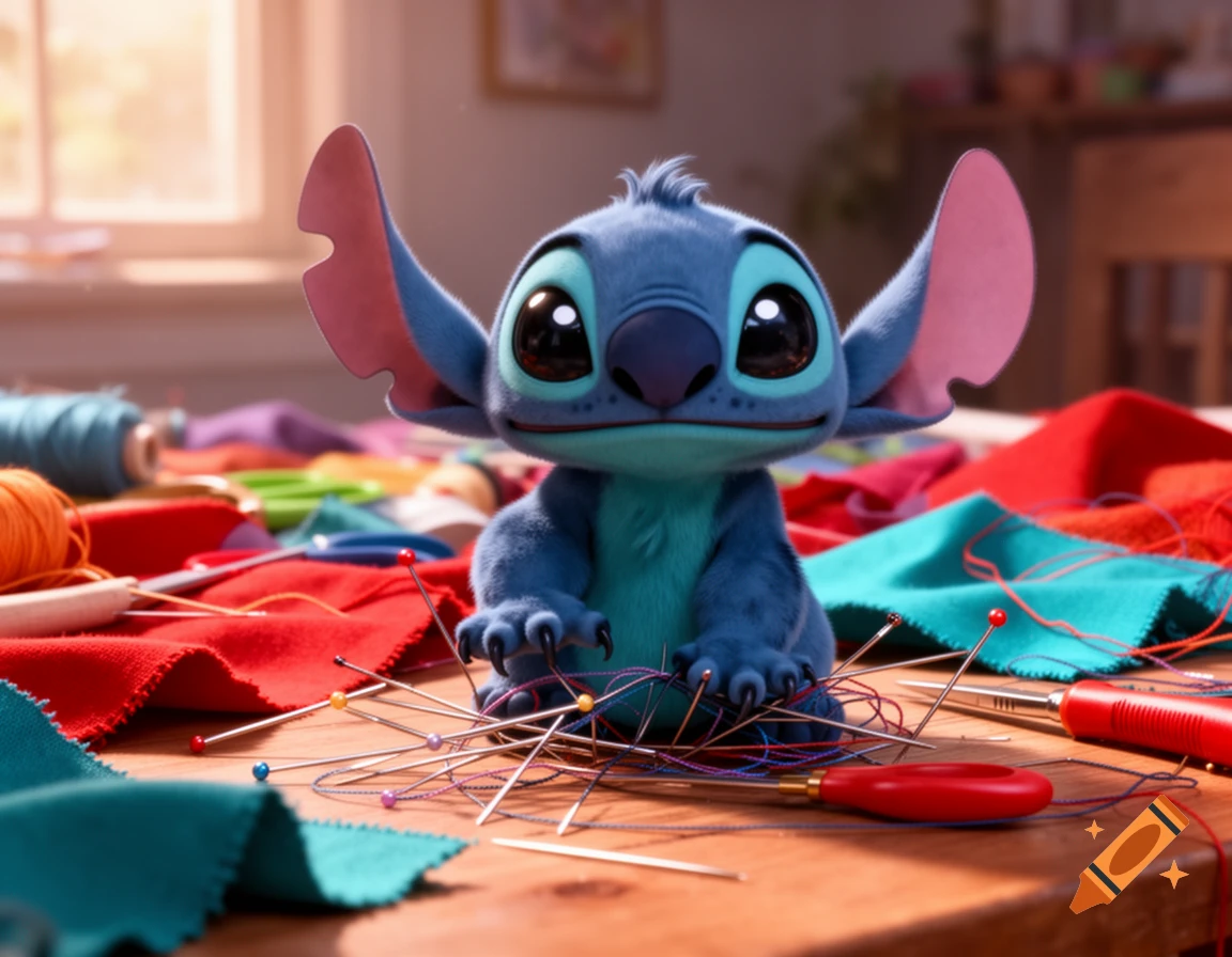 A cute blue Stitch cartoon character sits on a wooden table surrounded by colorful fabric scraps, sewing pins, thread spools, and scissors.