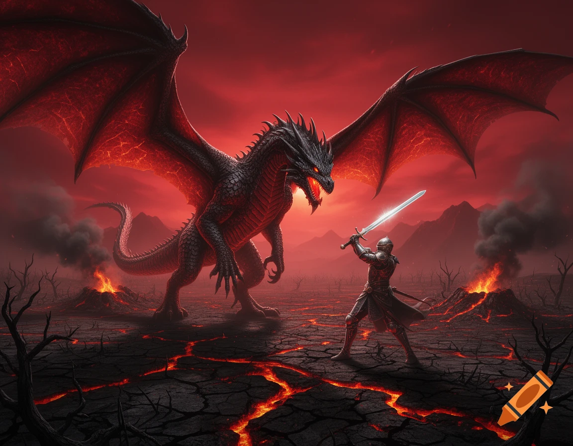 A knight fights a black dragon with glowing red wings amidst a fiery, volcanic landscape under a red sky.