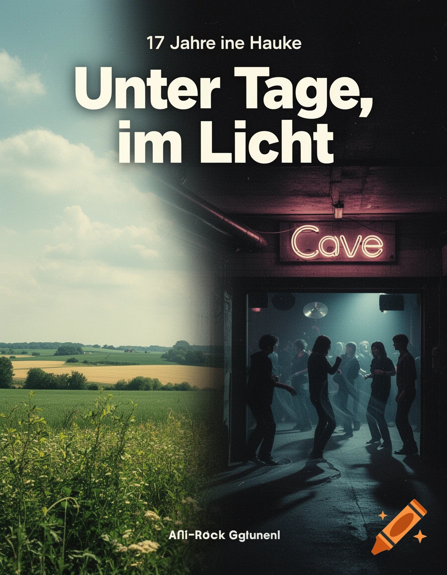 A book cover split between a bright green field under a cloudy sky and a dark, neon-lit club with people dancing. Text reads "Unter Tage, im Licht".