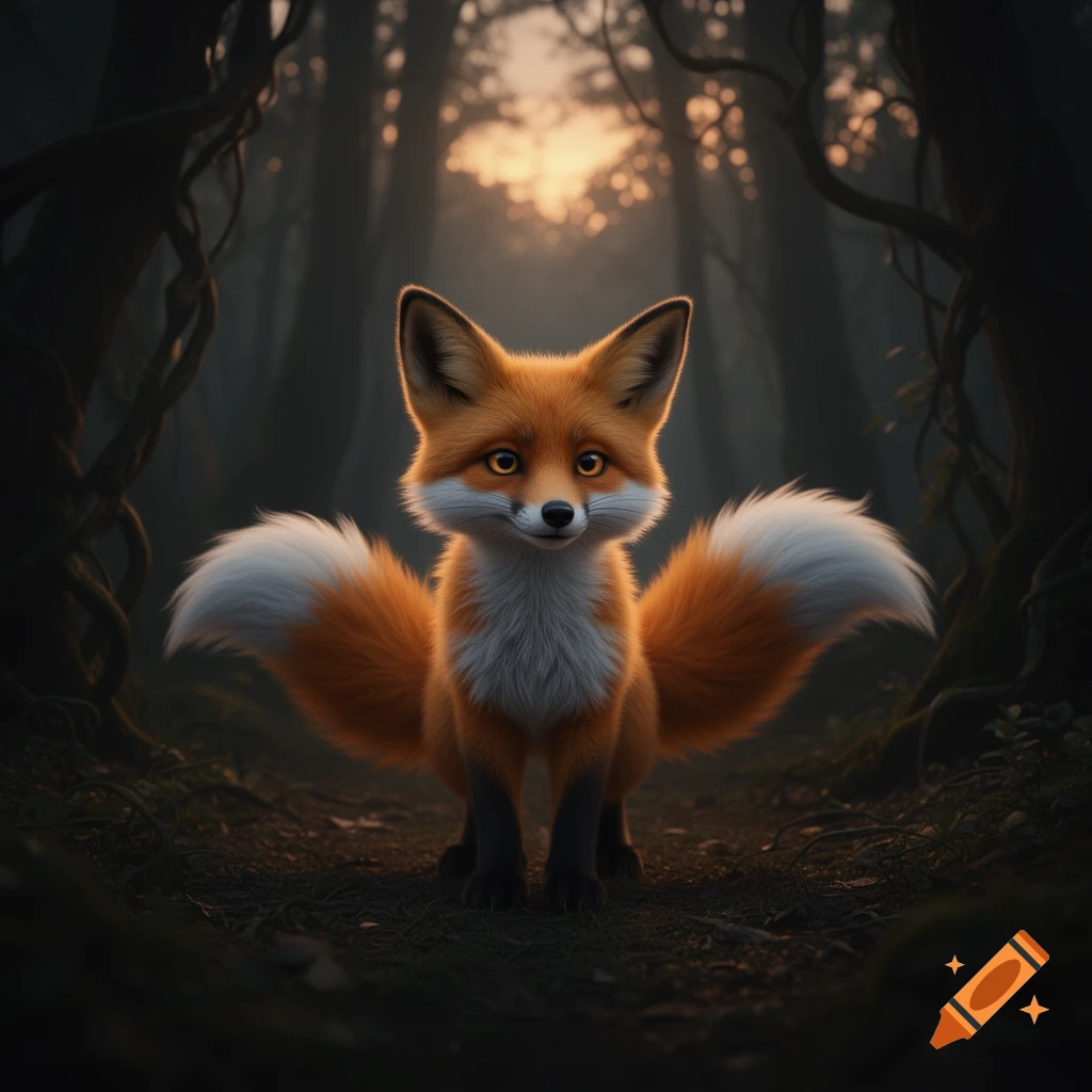 A cute, stylized orange and white fox with very bushy, wide-spread tails sits in a dark, misty forest with light filtering through the trees.