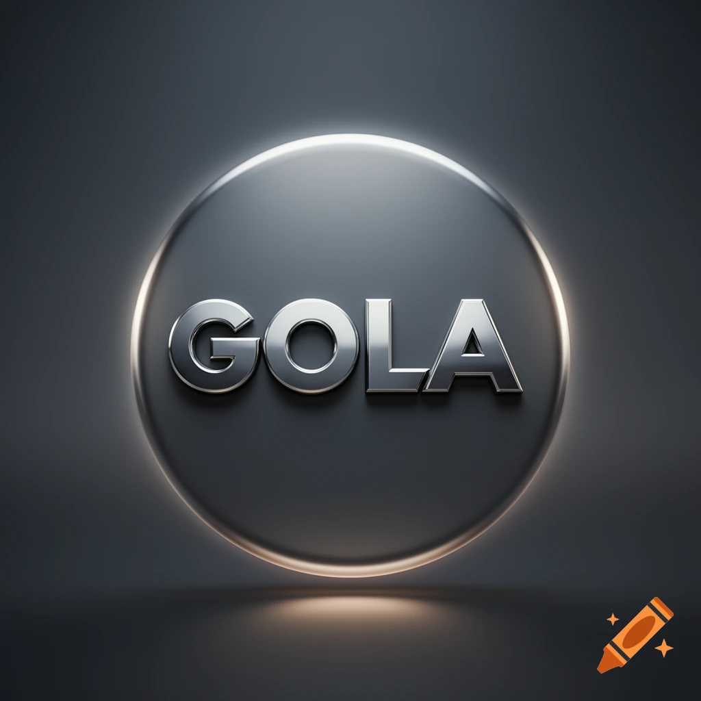 Shiny silver GOLA letters on a metallic gray sphere with glowing edges, 3D render.
