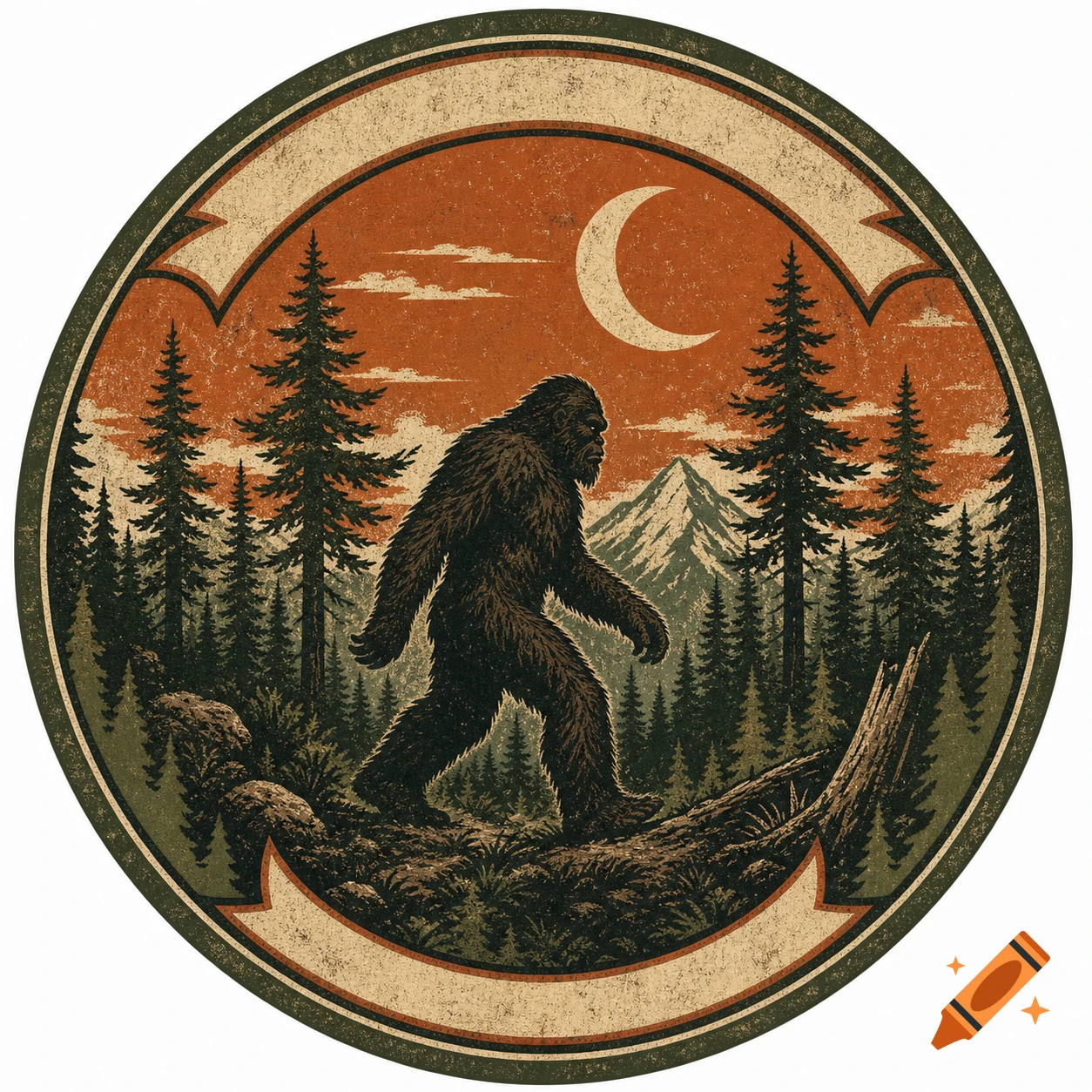 Vintage circular badge illustration featuring a Bigfoot walking through a pine forest under a crescent moon, with mountains in the background.