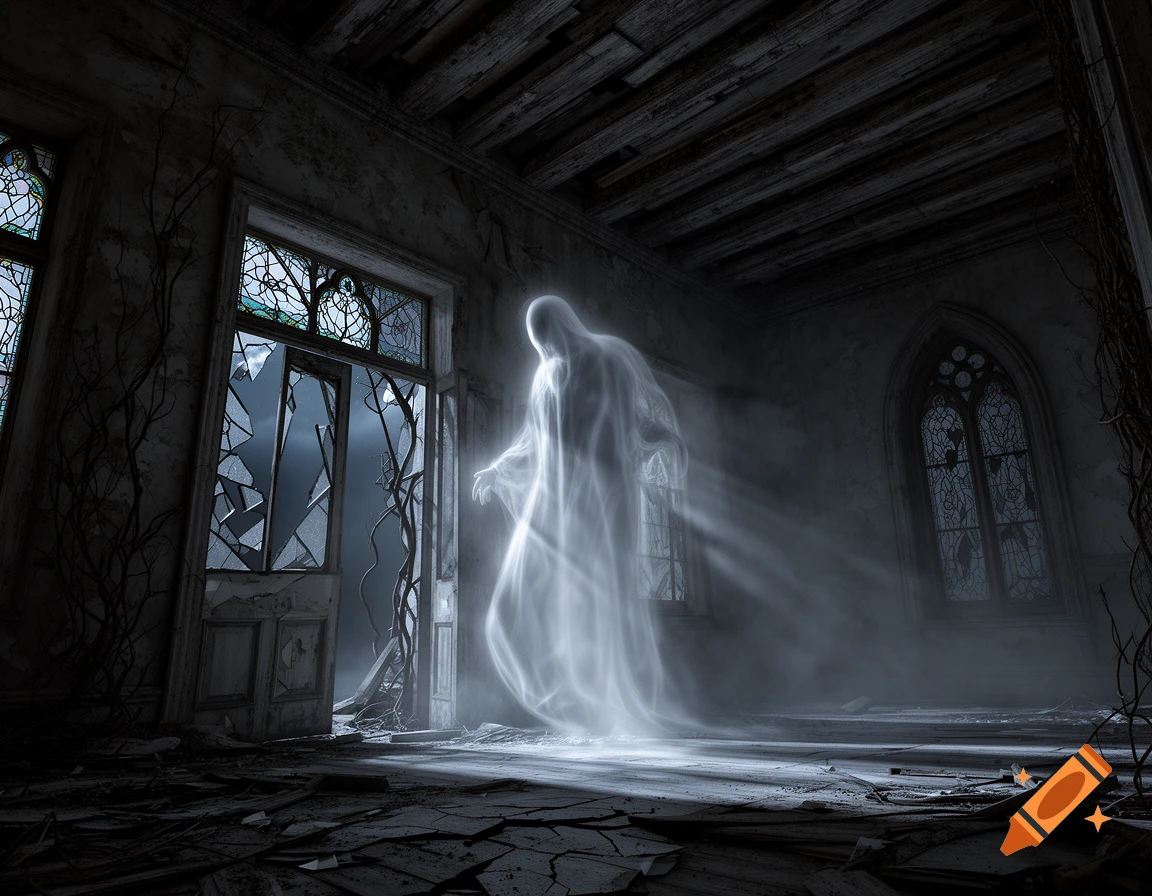 An ethereal, glowing ghost floats through a dark, dilapidated haunted manor with broken windows and debris on the floor.