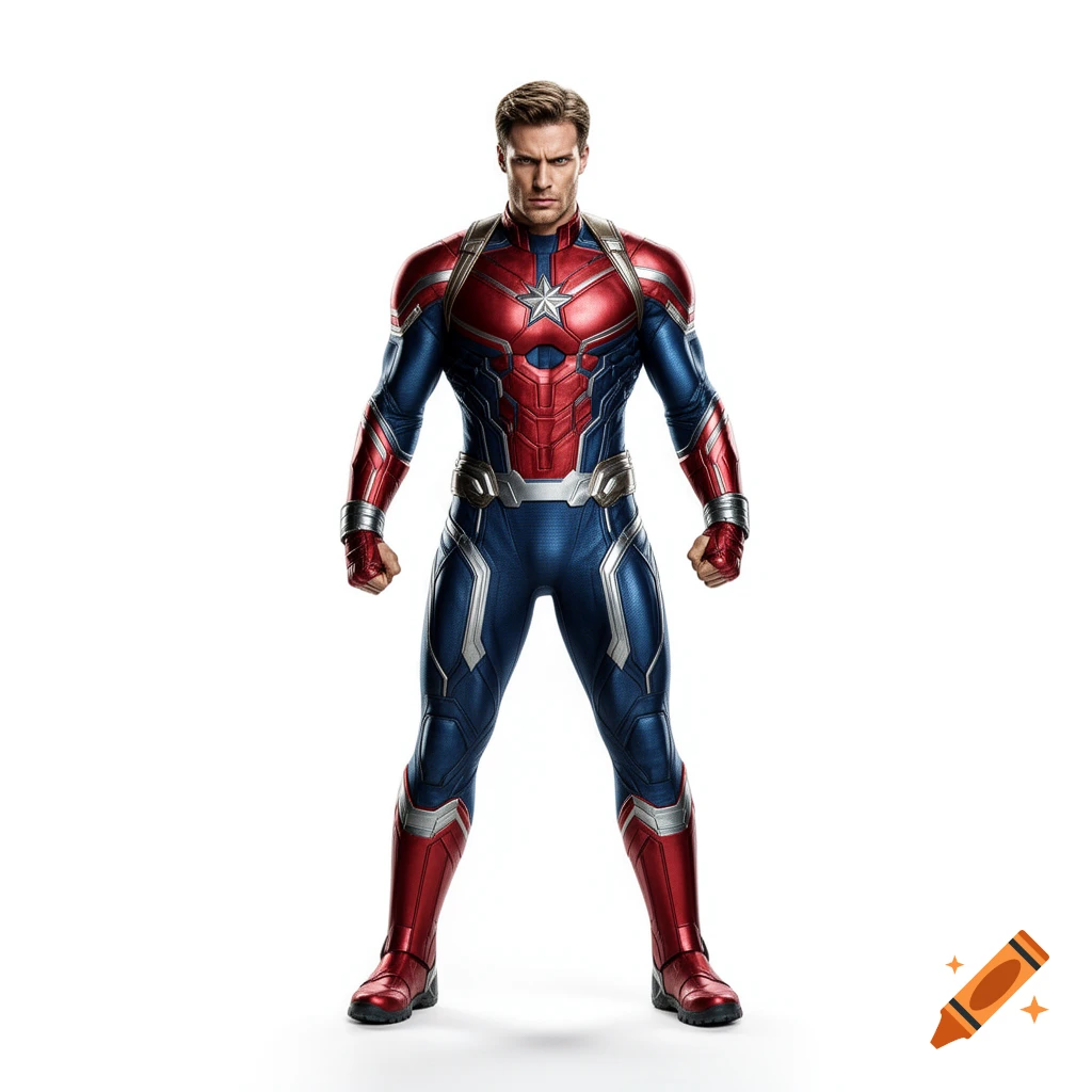 A photorealistic male superhero in a red, blue, and silver suit with a star emblem, standing on a white background.