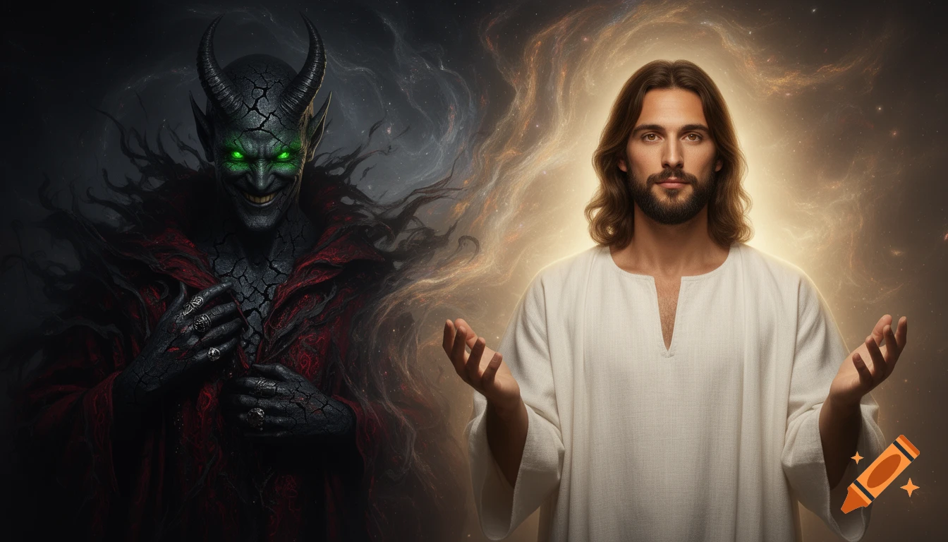Digital art of the Devil with cracked skin and green eyes on the left, contrasted by Jesus with outstretched hands and golden light on the right.