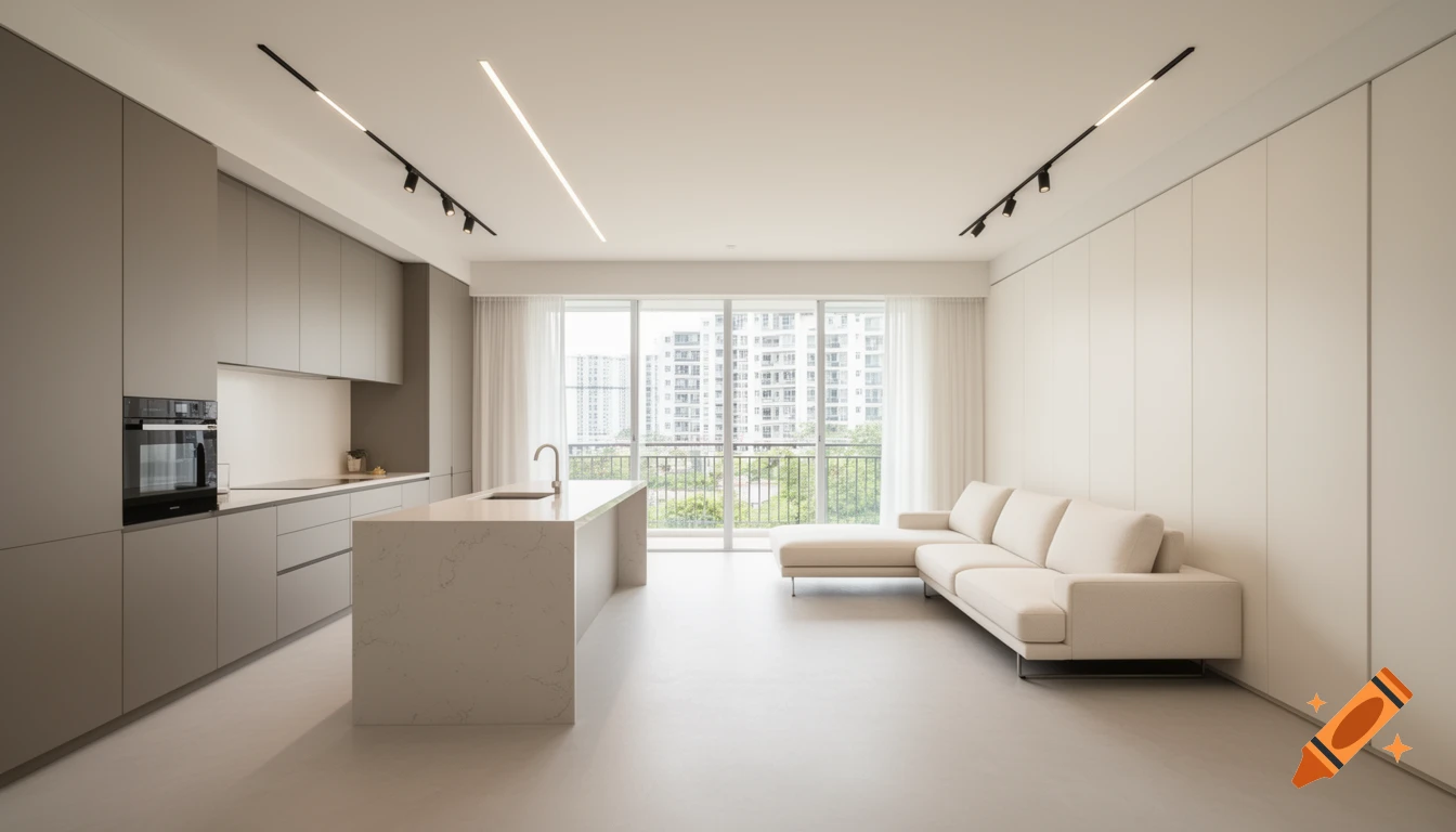 Photorealistic minimalist contemporary open-concept kitchen and living room with a quartz island, cream sofa, and linear track lighting.