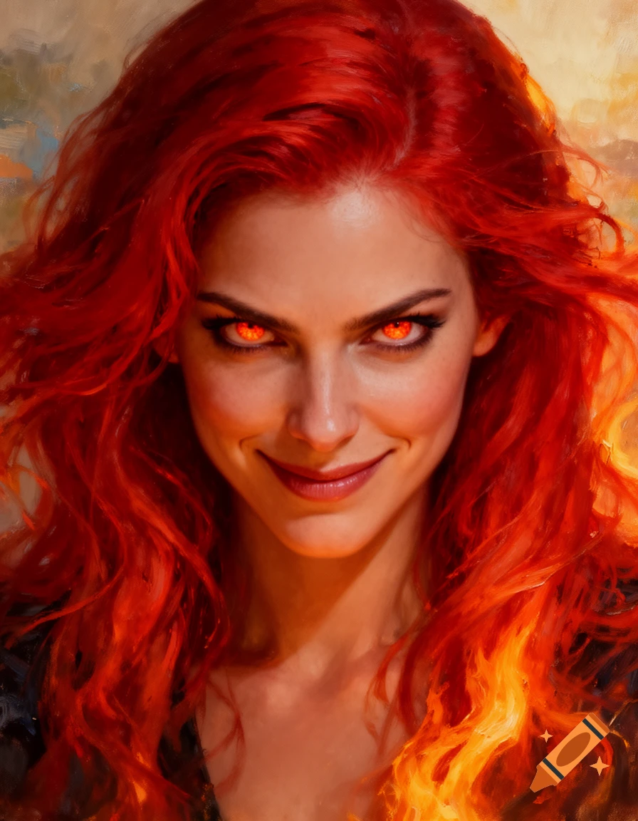 An oil painting close-up of a woman with vibrant red hair, glowing fiery orange eyes, and a subtle smirk.