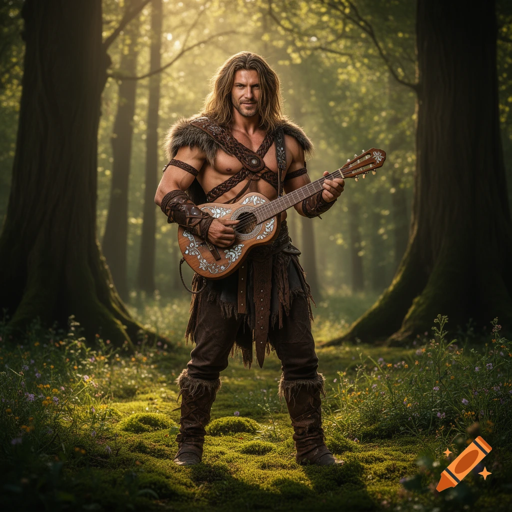 Muscular man with long hair, dressed as a barbarian, holding a decorative guitar in a sunlit forest.