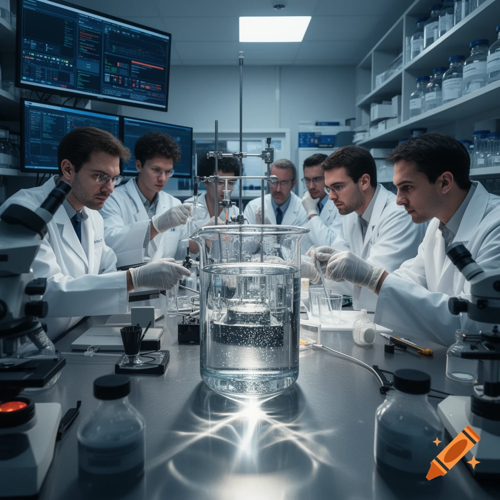 A group of male scientists in white lab coats conducting an experiment with beakers and microscopes in a modern laboratory.