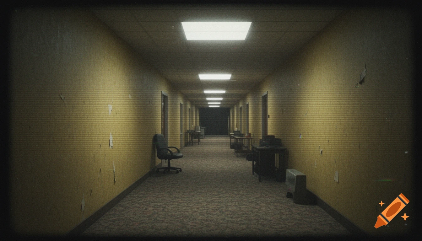 Grainy VHS footage of a long, empty, yellow-walled Backrooms corridor with fluorescent lights and scattered office furniture.
