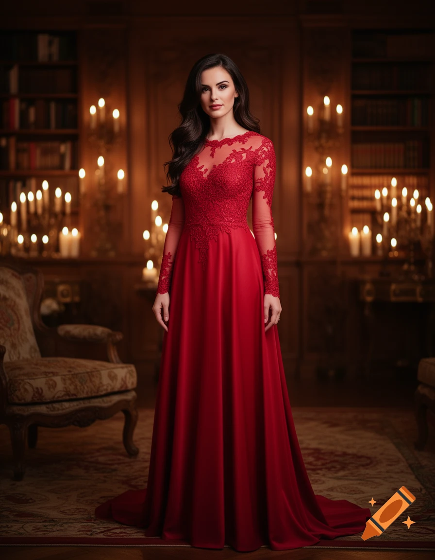A woman in a long red lace and satin gown stands in a luxurious, candlelit room with bookshelves and antique furniture.