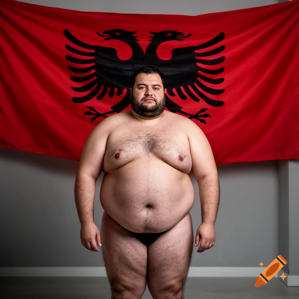 A heavily built man in black briefs stands shirtless in front of a red Albanian flag with a double-headed eagle.