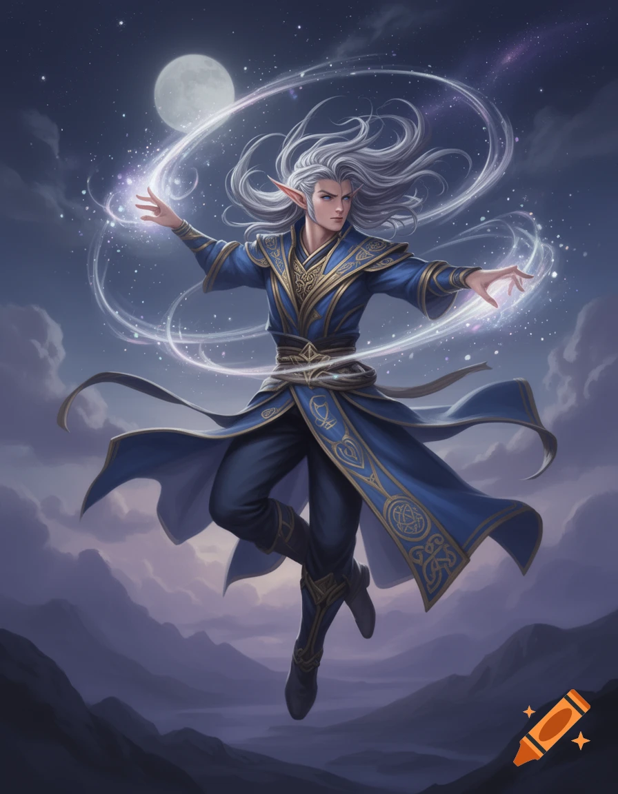 A male elf wizard with long silver hair floats against a night sky with a full moon, casting shimmering magic.