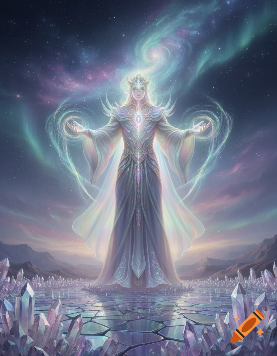 A majestic, ethereal figure with a crown stands on a crystal-laden surface, arms outstretched, radiating light under a starry cosmic sky with nebulae.