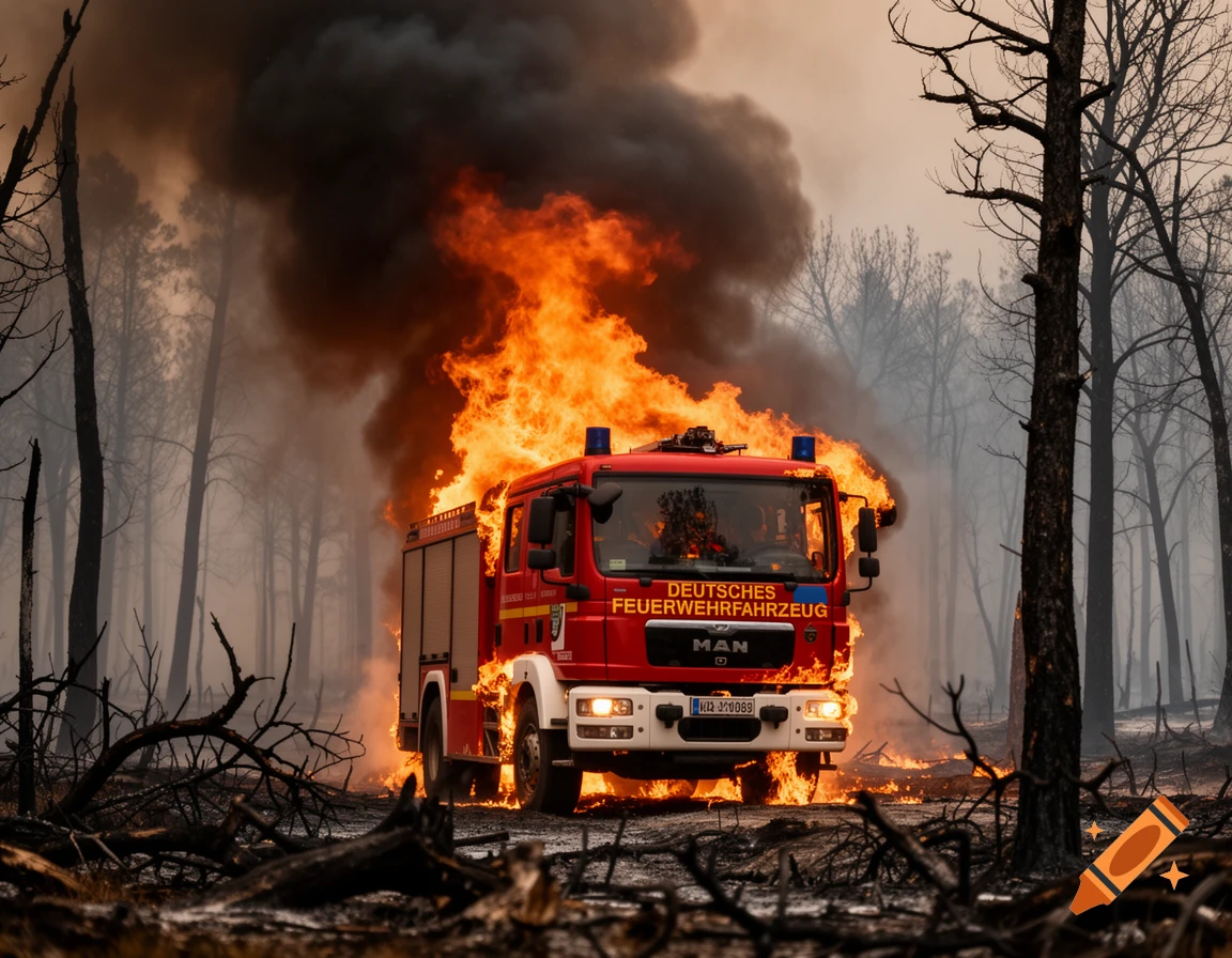 A red German fire truck engulfed in bright orange flames and billowing smoke in a burnt forest.