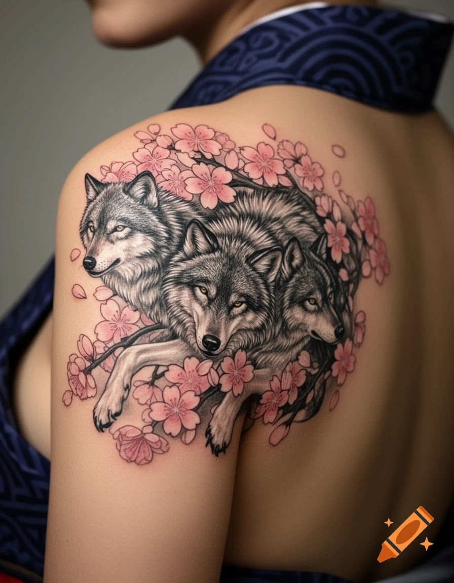 Realistic tattoo of three wolves surrounded by pink sakura blossoms on a woman's shoulder.
