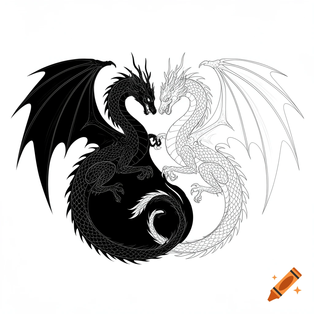 Two stylized black and white dragons form a yin-yang symbol in simple line art.