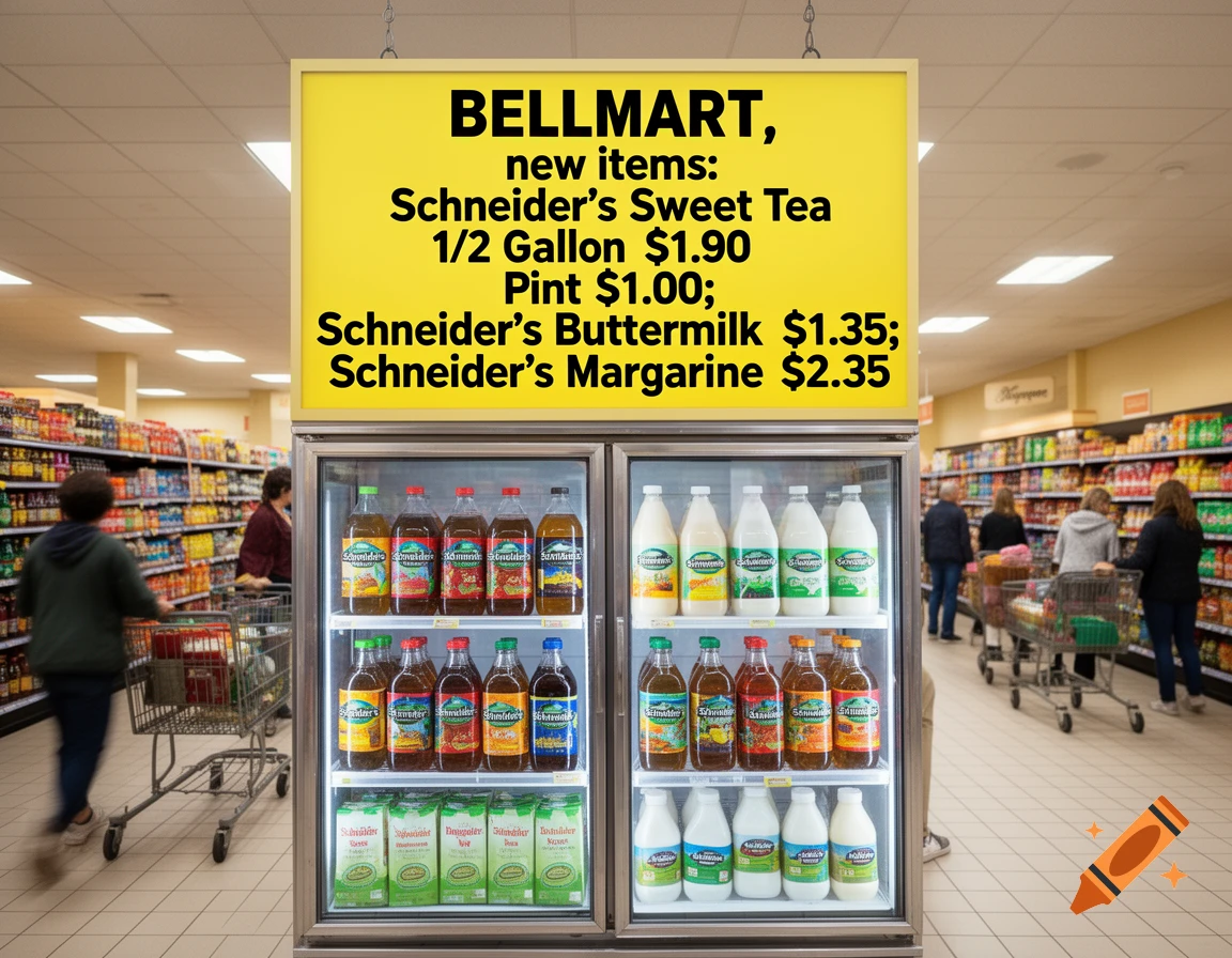 Photorealistic image of a grocery store aisle with a yellow 'BELLMART new items' sign above a refrigerated display case.