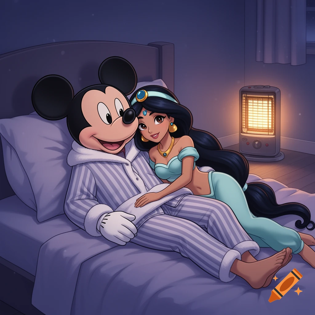 Mickey Mouse in striped pajamas and Princess Jasmine in her turquoise outfit cuddle on a bed with a heater in a dimly lit room.