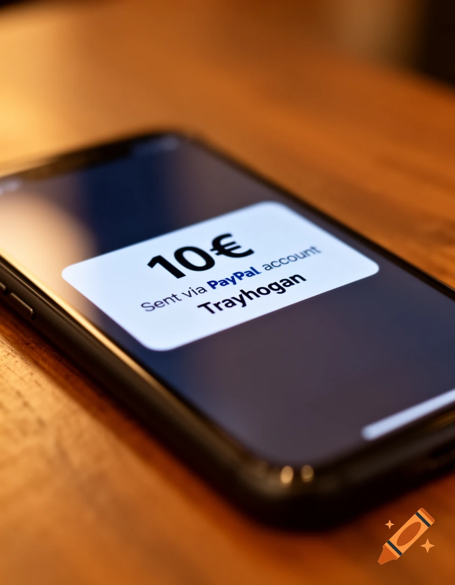 Close-up of a smartphone screen displaying a PayPal notification for 10€ sent to Trayhogan.