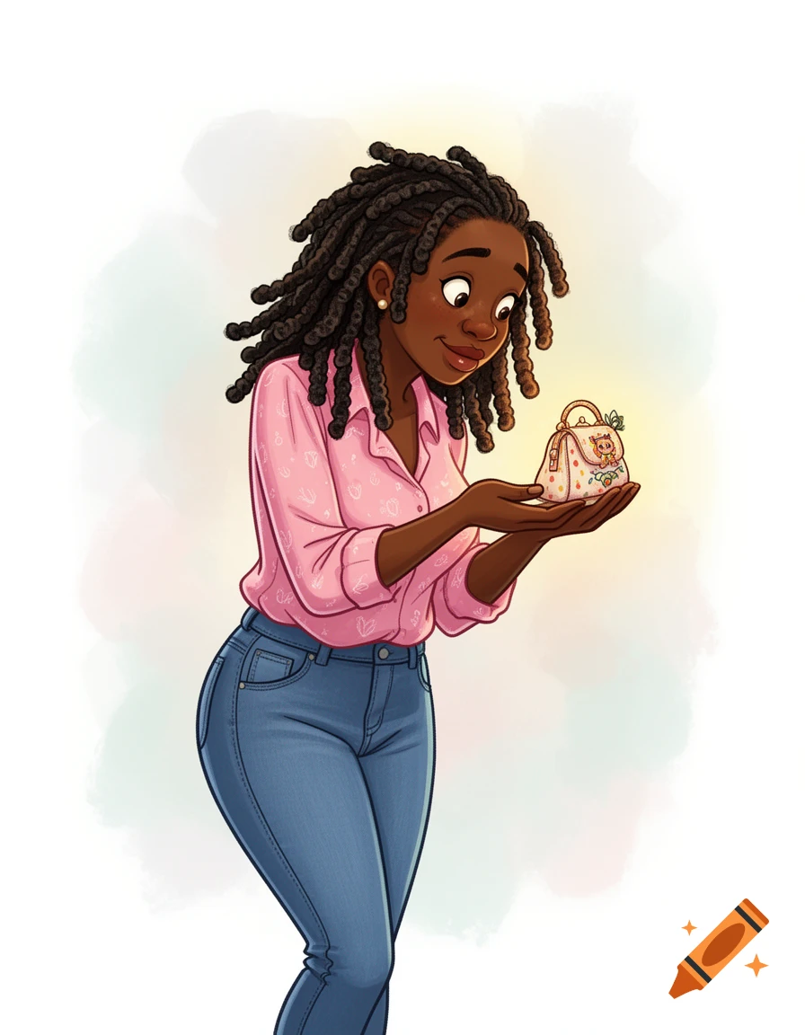 A cartoon Black woman with locs, wearing a pink blouse and jeans, looks down at a tiny purse in her hands.