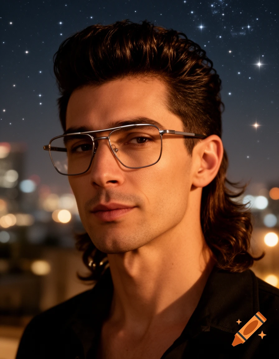 Photorealistic portrait of a man with glasses and a mullet haircut, looking at the camera against a starry night sky and blurred city lights.