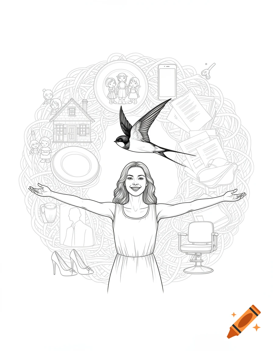 Black and white line drawing of a smiling woman with arms outstretched, a swallow flying above, surrounded by a tangled collage of life objects like a house, children, phone, and papers.