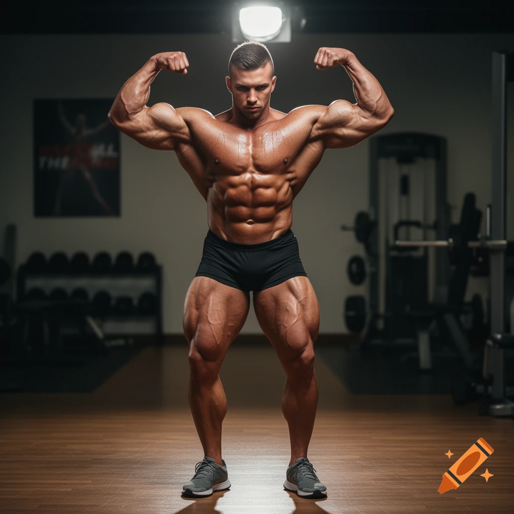 Muscular male bodybuilder poses, flexing biceps and legs, in a gym under bright lights, photorealistic.