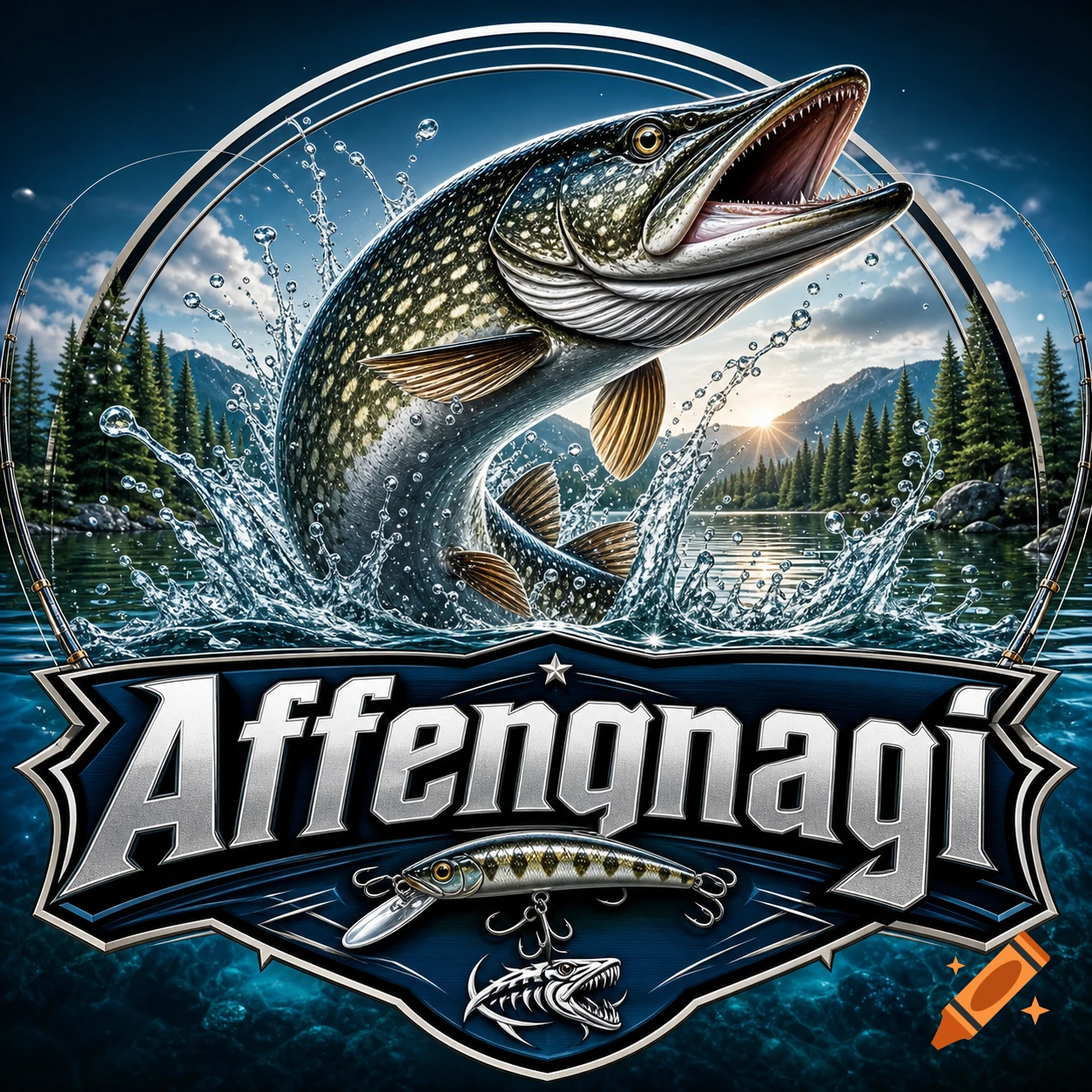 A vibrant logo featuring a large pike fish leaping from splashing water, with fishing rods, lures, and a scenic lake and forest background.