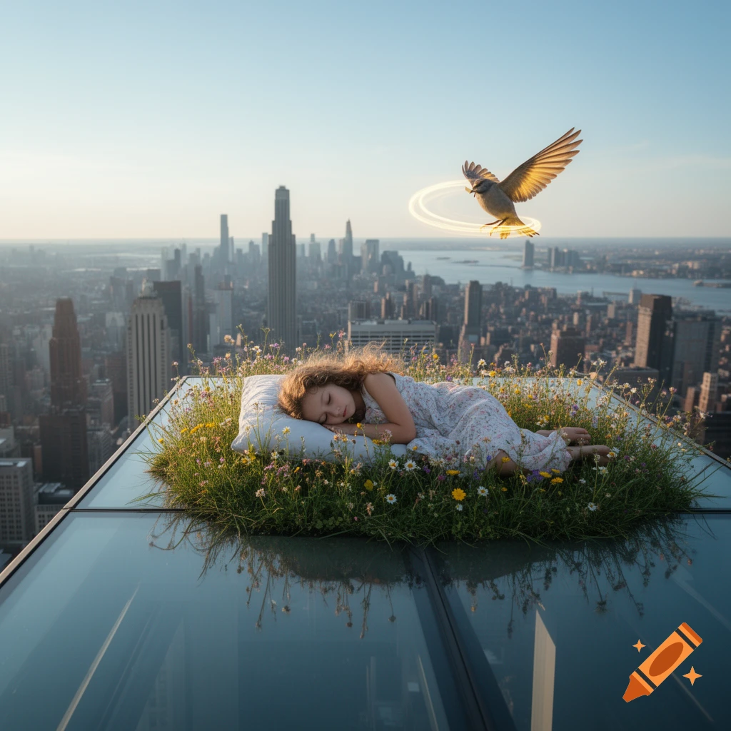 A girl sleeps peacefully on a grassy rooftop with wildflowers, high above a city skyline, as a bird with glowing rings flies nearby.