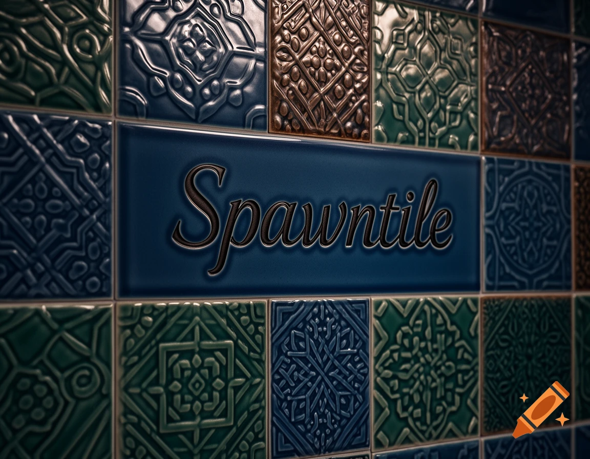 Close-up of a wall covered in patterned ceramic tiles in shades of blue, green, and bronze, with a central tile displaying "Spawntile".