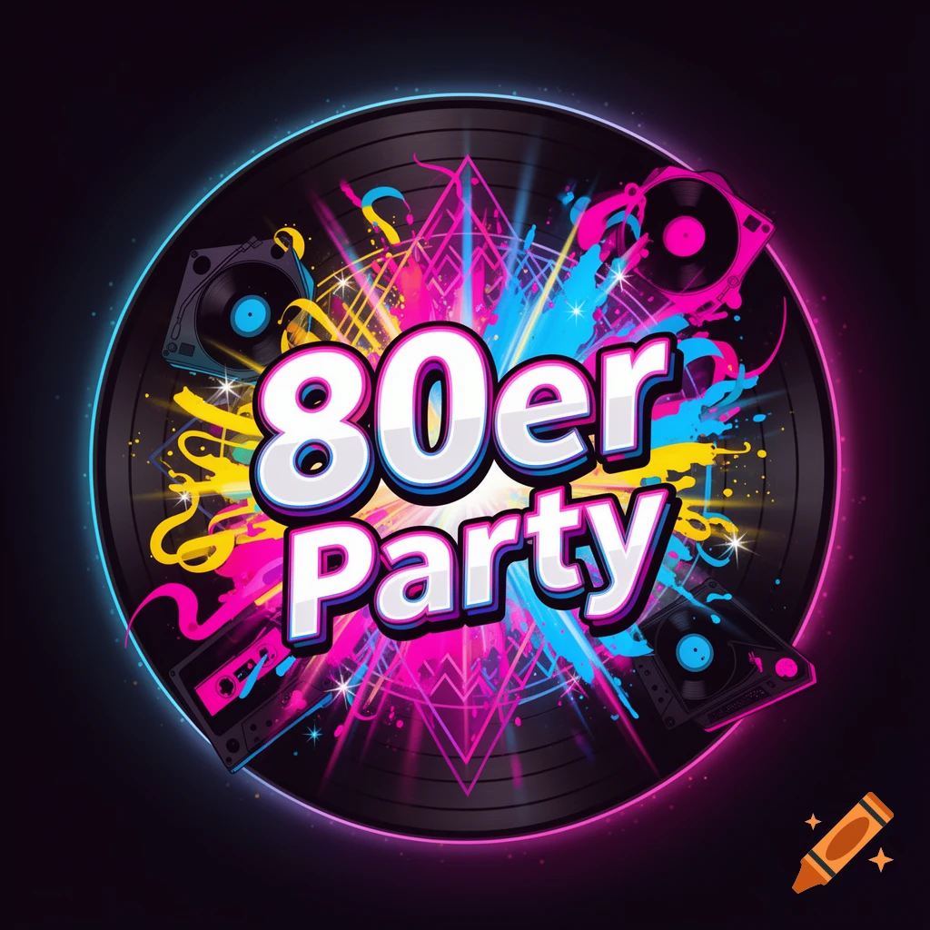 Vibrant 80s party logo with neon colors, a vinyl record, cassette tapes, and turntables, featuring '80er Party' text.
