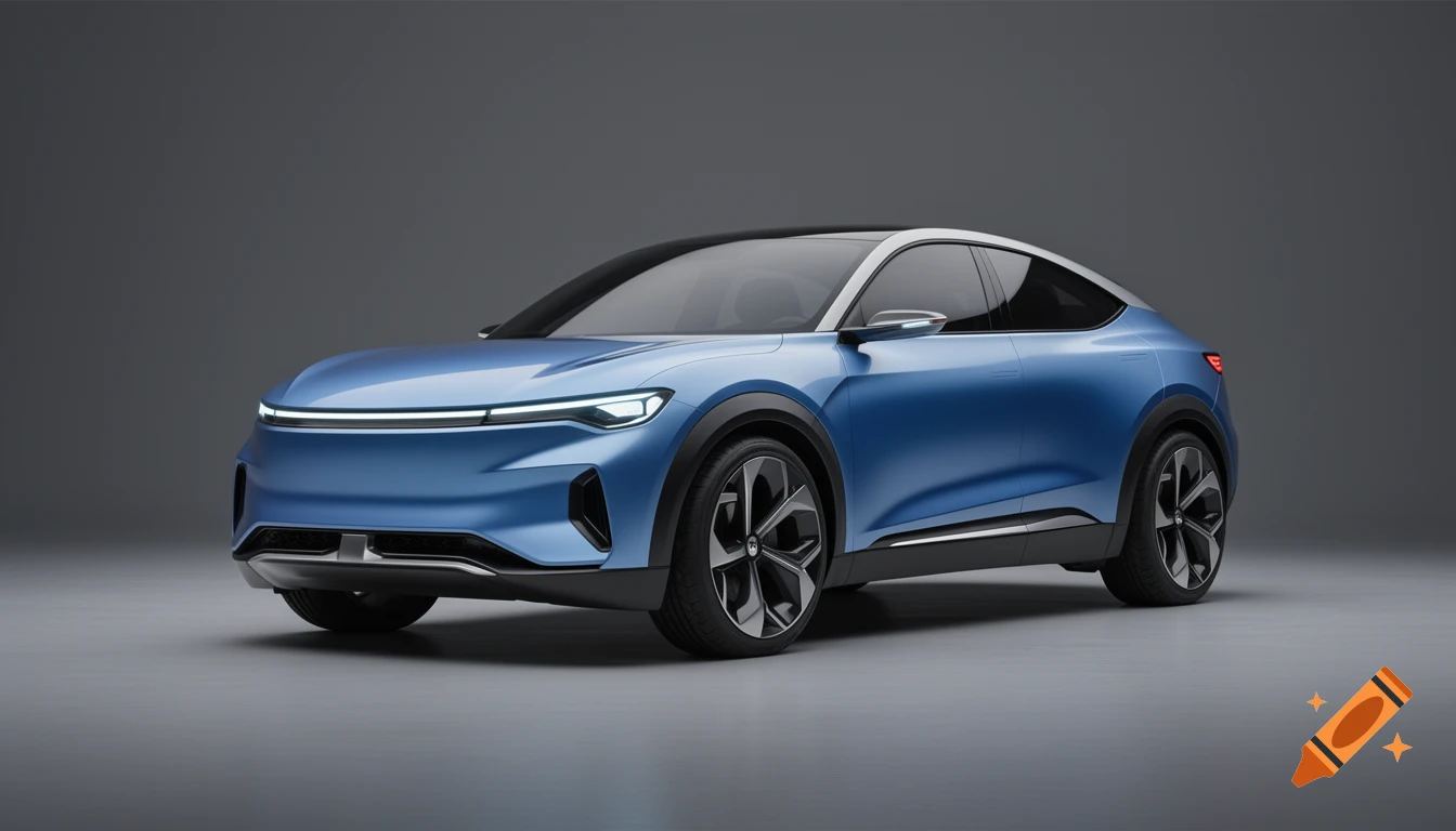 A futuristic blue compact crossover SUV with a black roof and silver trim, posed in a modern studio with a gray background.