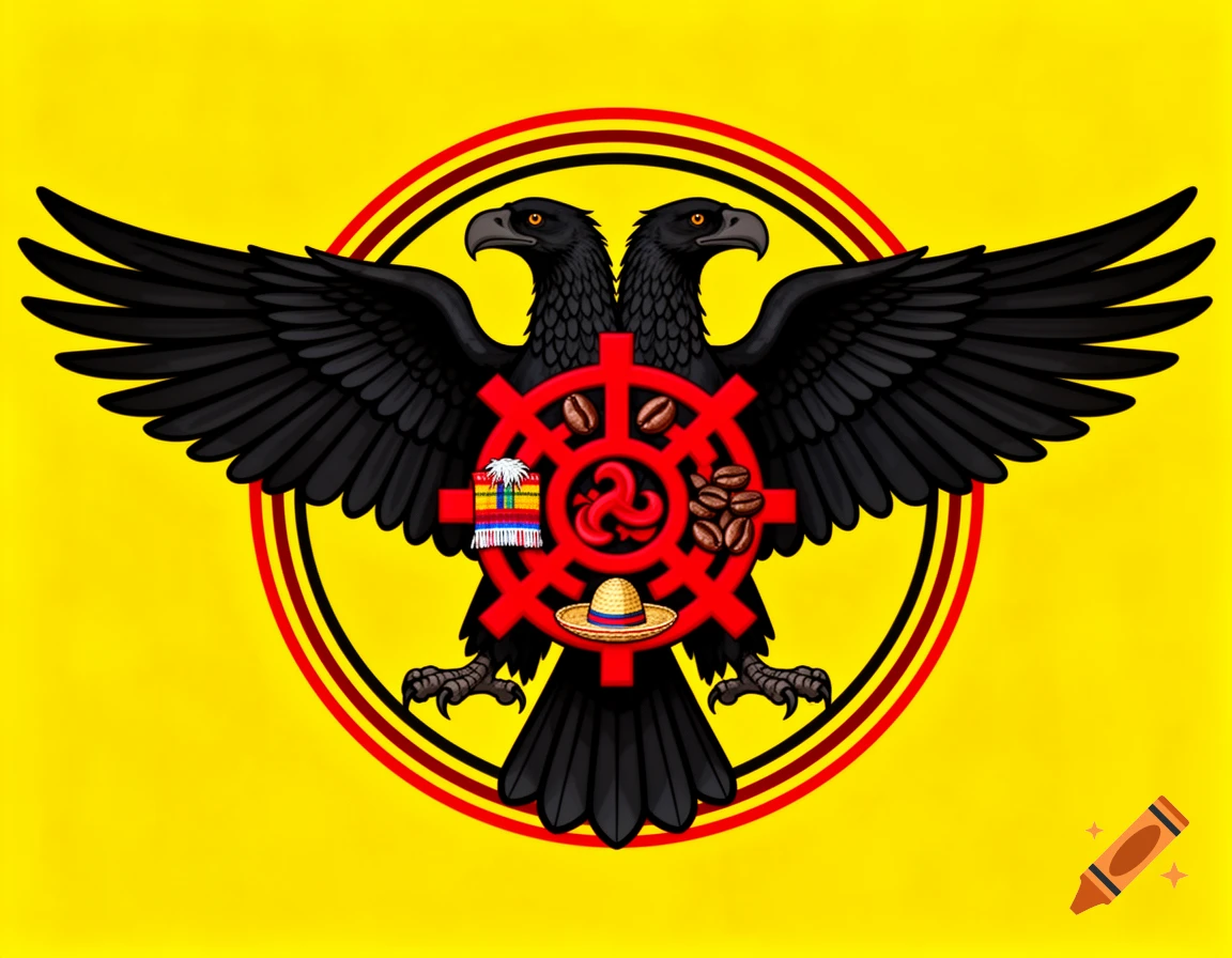 A yellow flag with a black double-headed Andean condor, featuring a red chakana symbol adorned with Colombian elements like a sombrero and coffee beans.