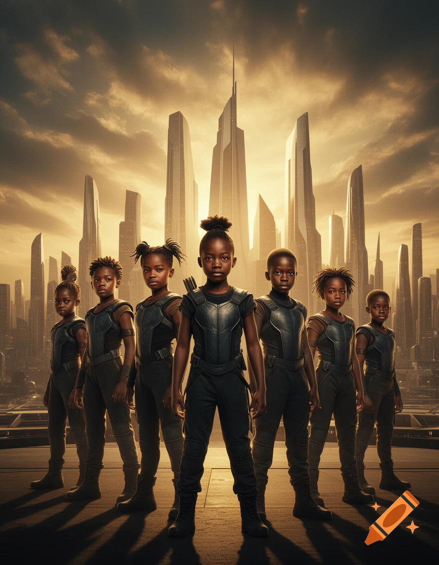 Seven African children in dark warrior outfits stand confidently before a futuristic city skyline at sunset, photorealistic style.