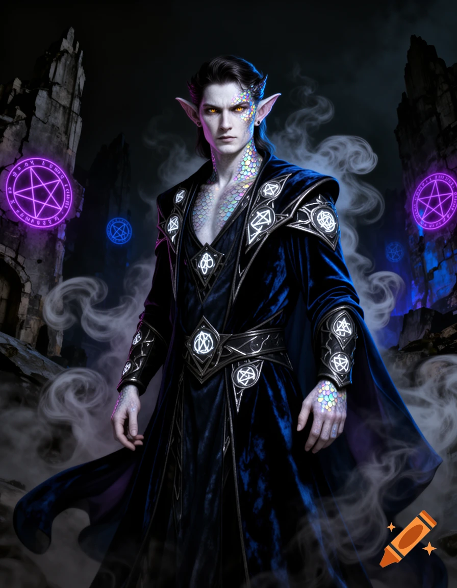 A pale, elf-like male with glowing eyes, scaled skin, and dark blue robes stands amidst smoky ruins and glowing purple magic symbols.