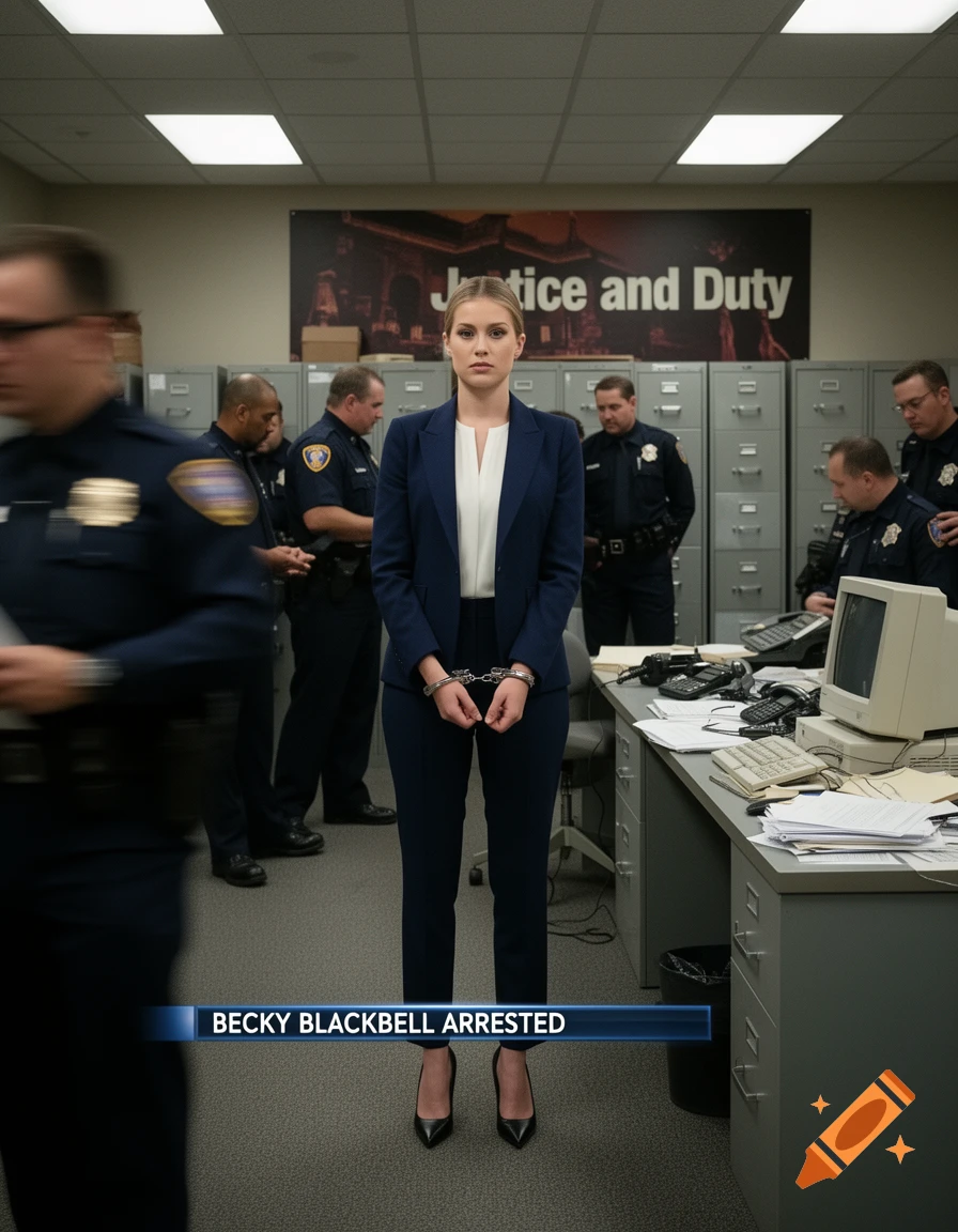 A woman in a suit, handcuffed, stands in a police station with officers and a news overlay 'BECKY BLACKBELL ARRESTED'.