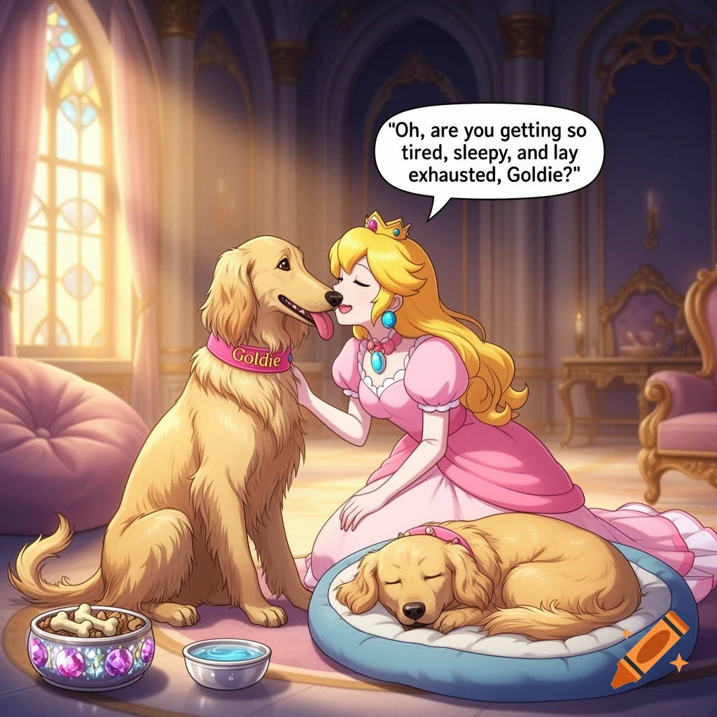 Princess Peach kneels to pet a golden retriever named Goldie, while another sleeps in a dog bed in a lavish castle room. Anime style.