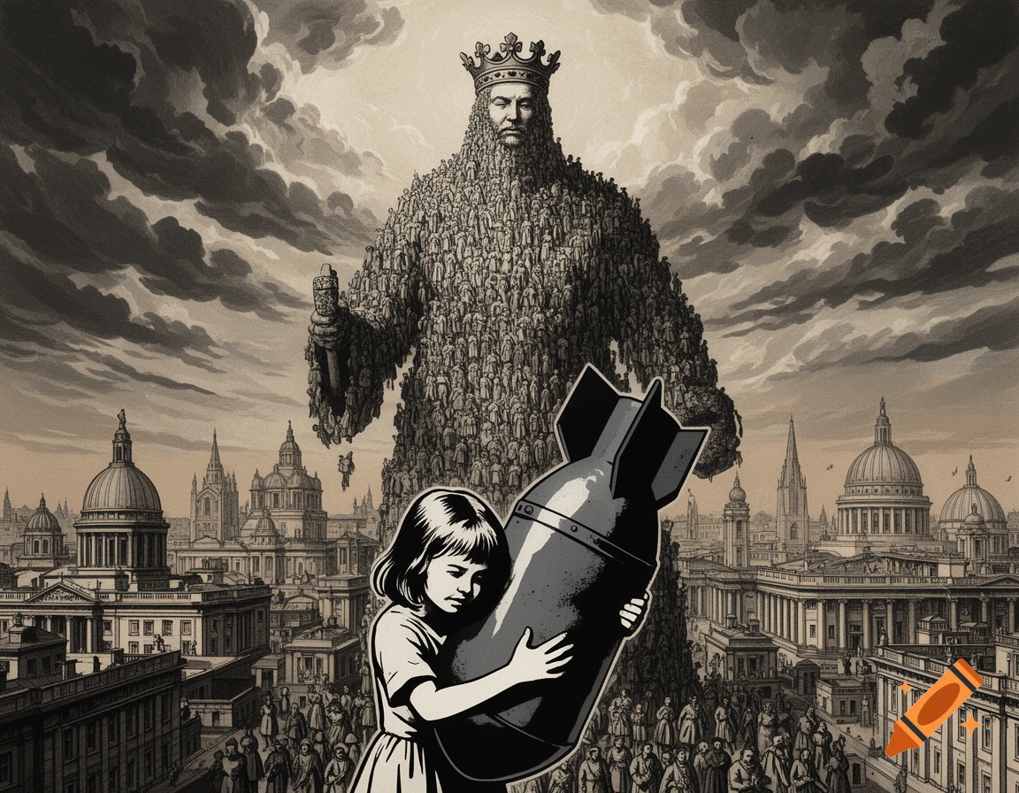 Monochromatic, etching-style image of a giant crowned figure made of people over a city, with a girl hugging a bomb.