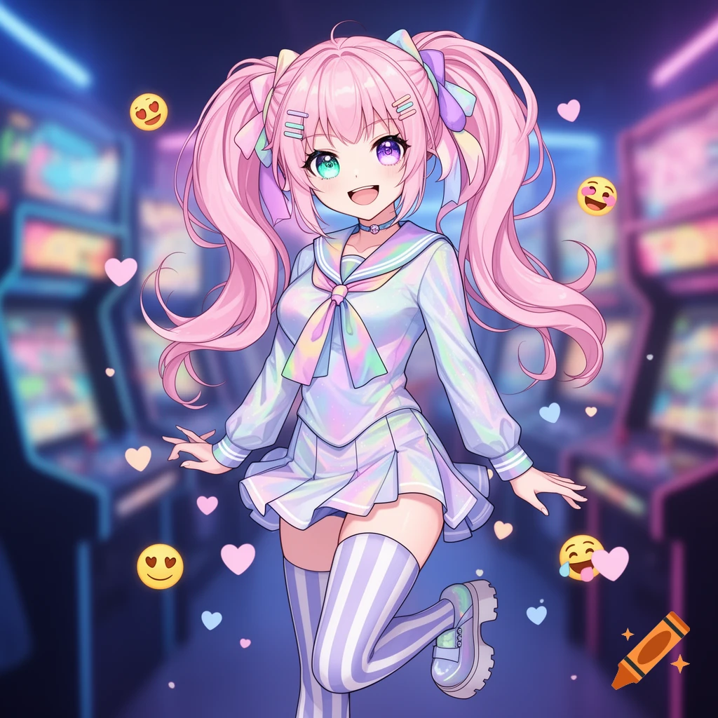 A smiling anime girl with pink pigtails and heterochromatic eyes wears an iridescent school uniform and striped thigh-high socks, posing in a neon-lit arcade.